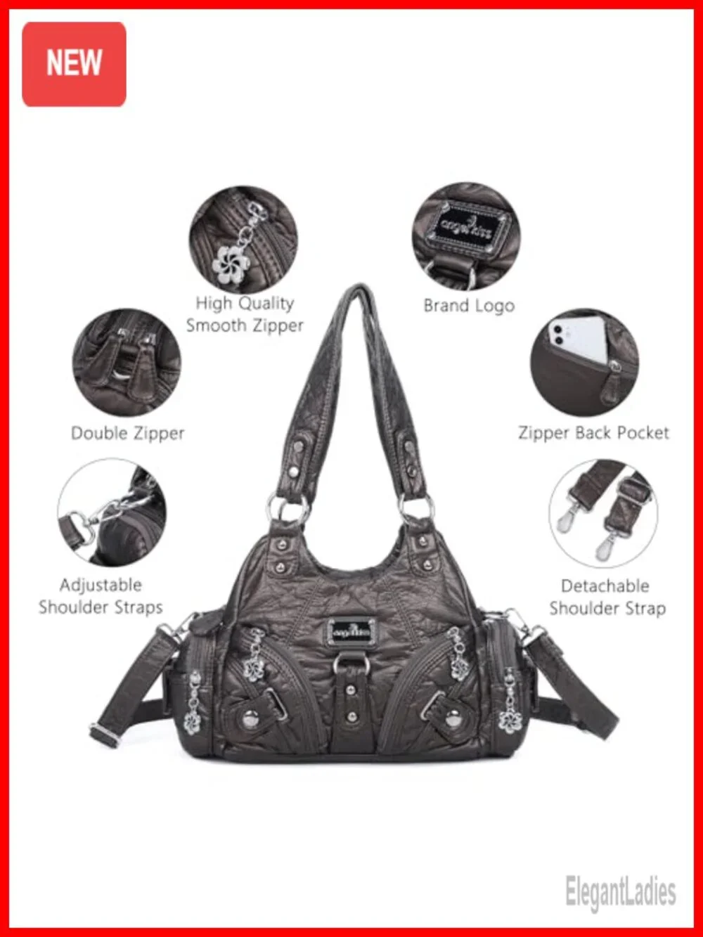 Faux Leather Hobo Shoulder Tote Bag with Multi-Pockets